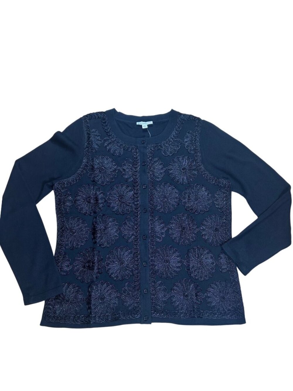 Isaac Mizrahi Cardigan L Black Soutache Floral Braided Sweater Business Casual